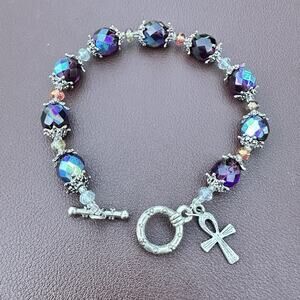Iridescent AB Glass Beaded Bracelet Silver Ankh Charm Toggle Clasp Purple Aurora